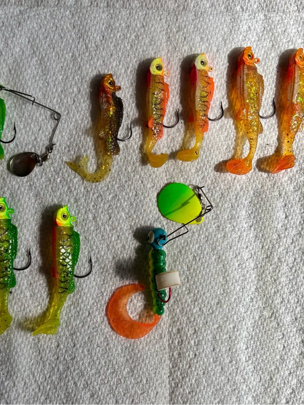 Soft Plastic Fishing Lures - Green and Orange Tails (Pack)